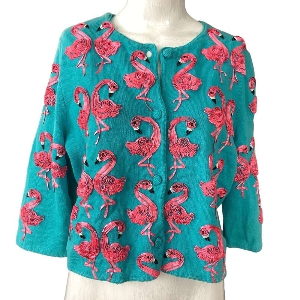 Vintage Michael Simon pink flamingo sweater cardigan small. 0813